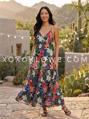 Angie Black Tropical Floral Maxi Dress | Boho Resort Vacation | Empire Waist